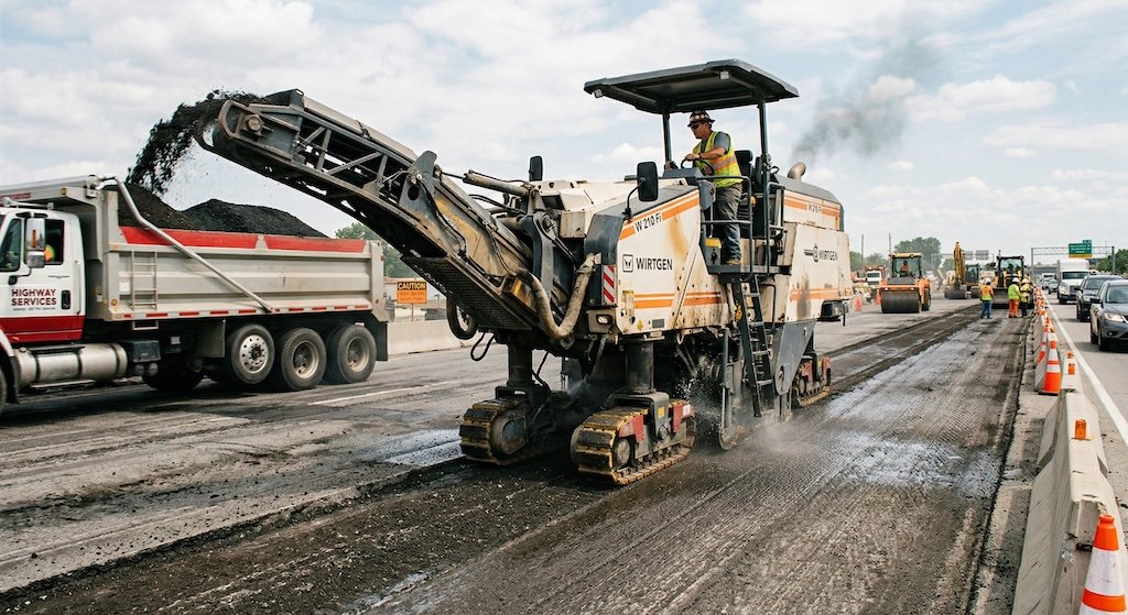 Asphalt milling machine grinding a street surface