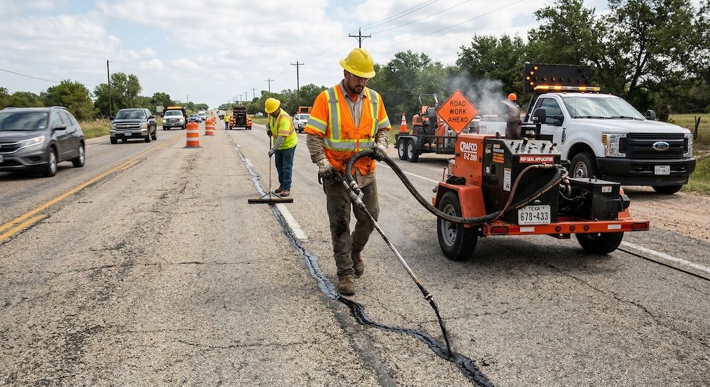 Crack sealing being applied along a pavement crack