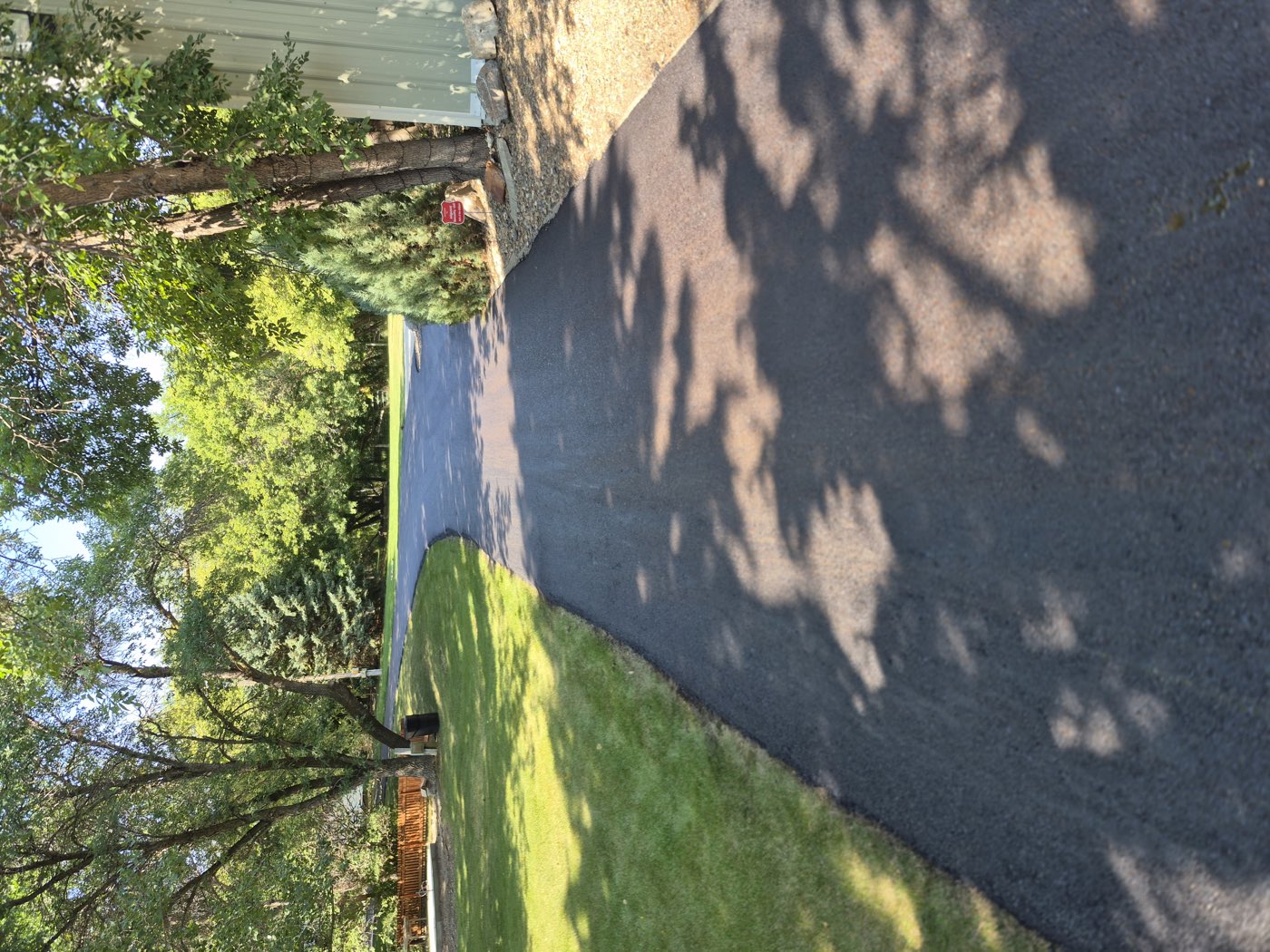 Freshly paved curved asphalt driveway through a wooded residential lot