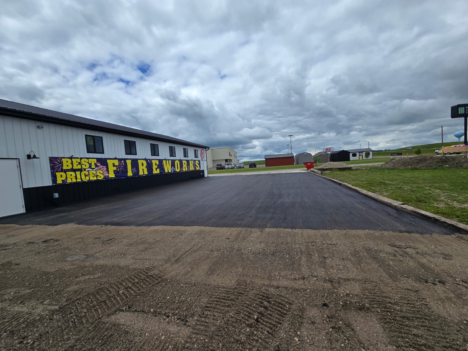 Freshly paved commercial parking lot at a retail store near Williston, ND